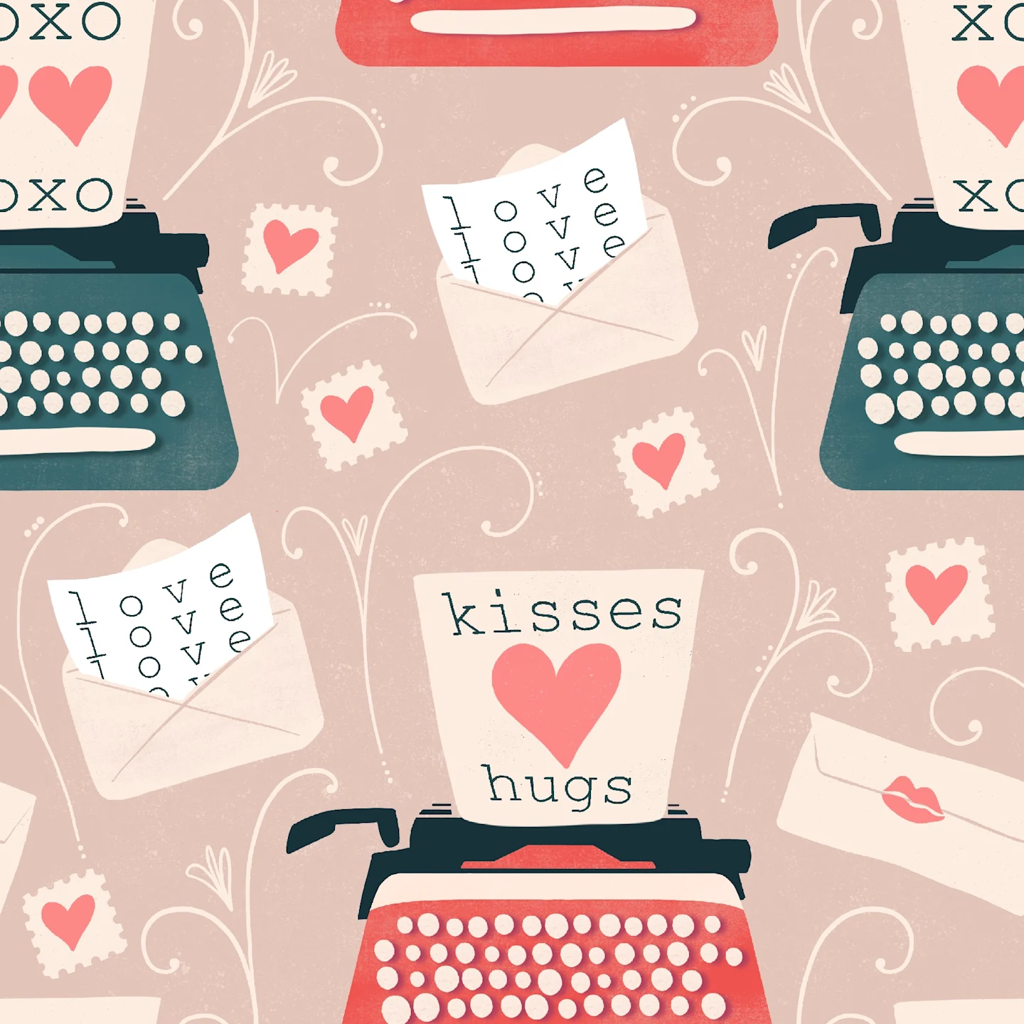 Whimsical typewriters and love notes on pink