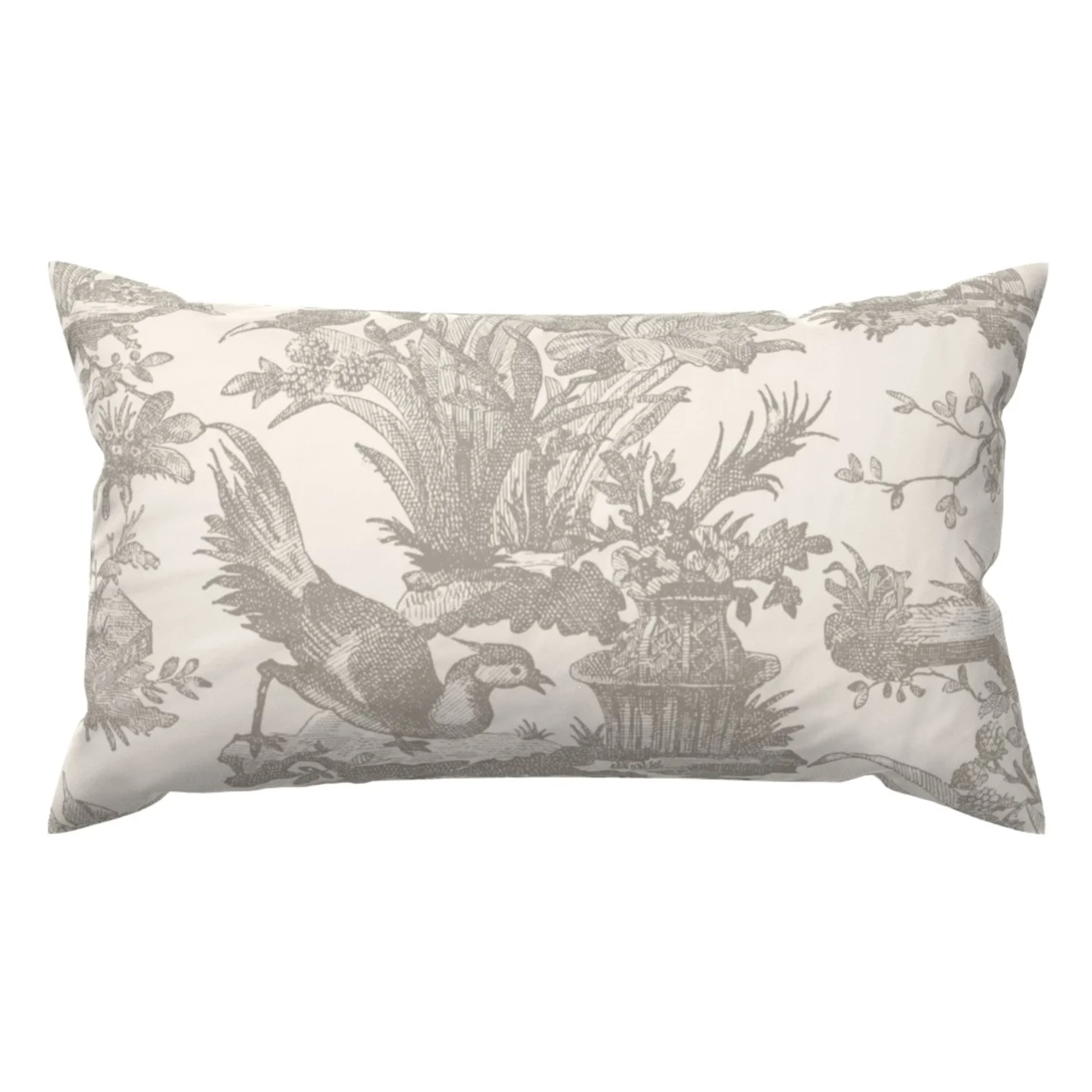 A neutral rococo floral with birds on a Spoonflower lumbar throw pillow