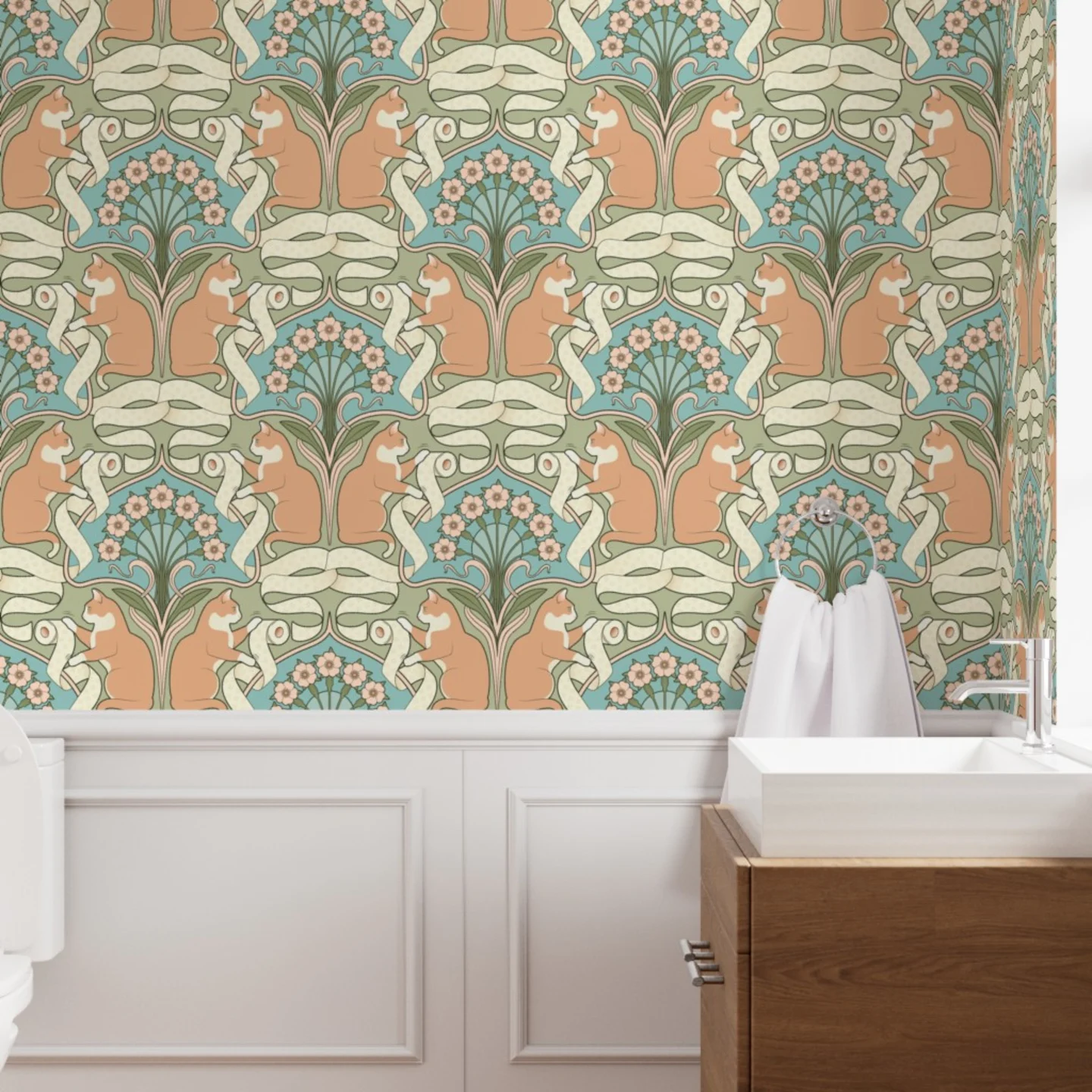 Bathroom with Wallpaper in Cat And Toilet Paper Art Nouveau by mia_valdez.