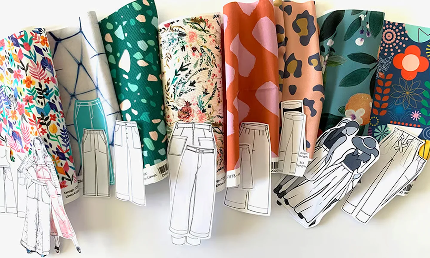 Fabric swatches next to cutout sketched of pants patterns.