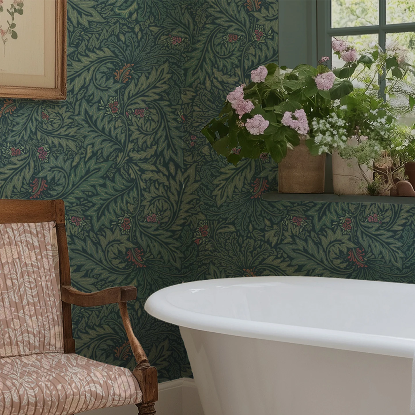 Green floral damask craft revival wallpaper and botanical curtains above a vintage table.