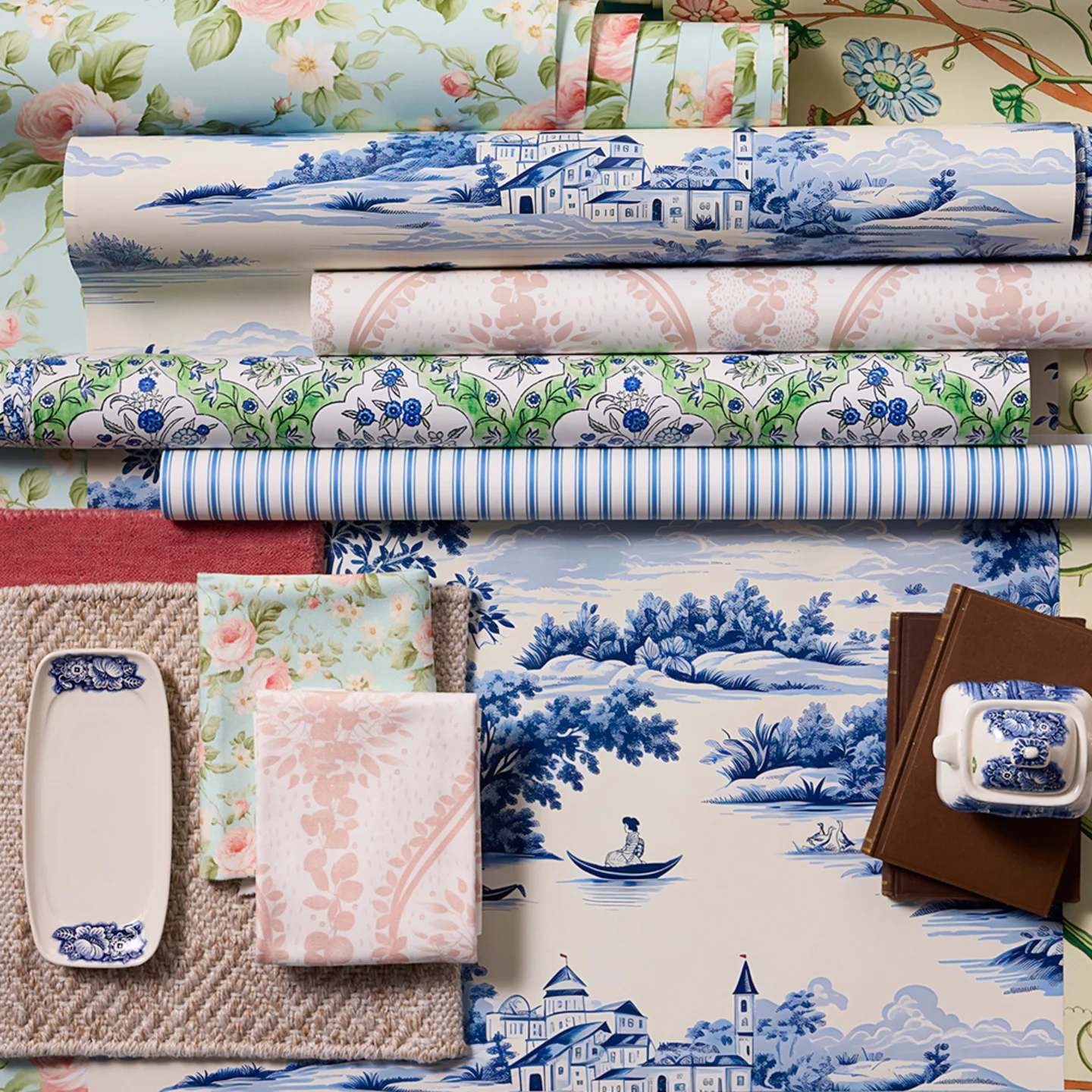 Rolls of English Country Style Wallpaper.