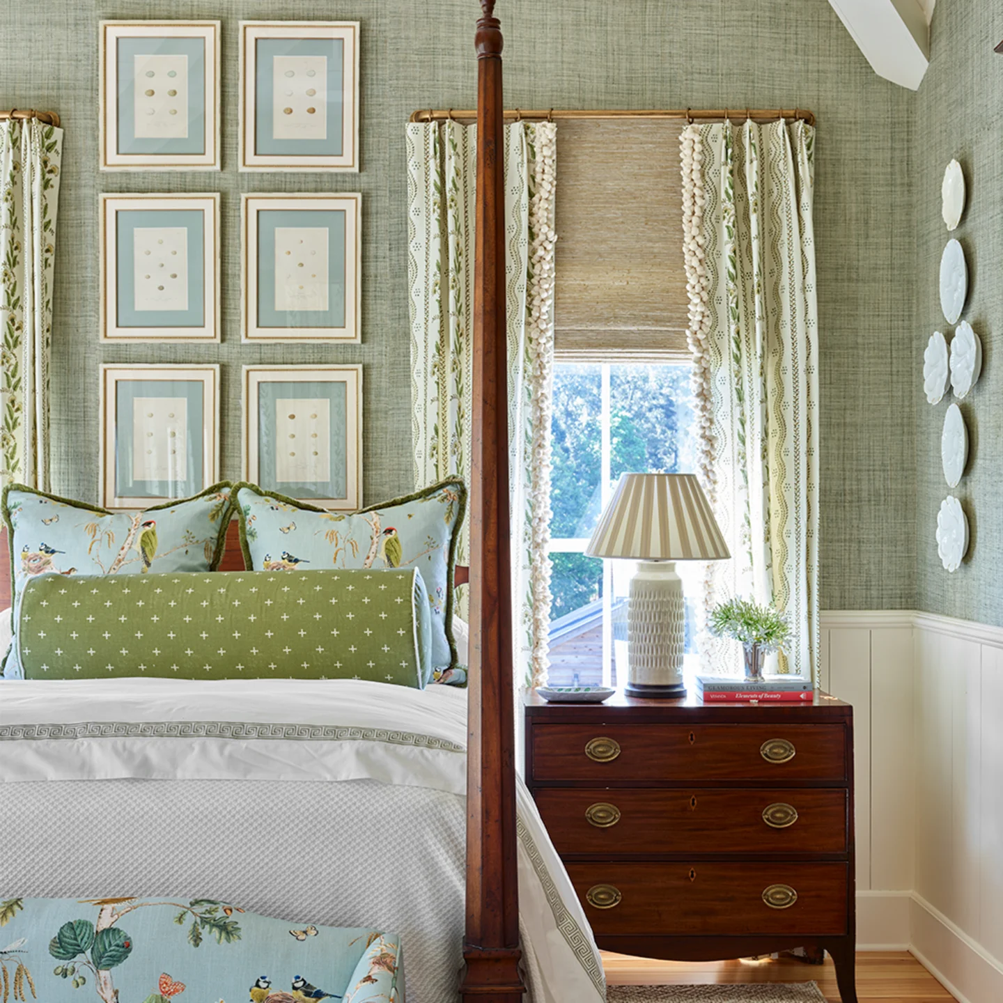 Bedroom with green wallpaper and striped curtains from Spoonflower.