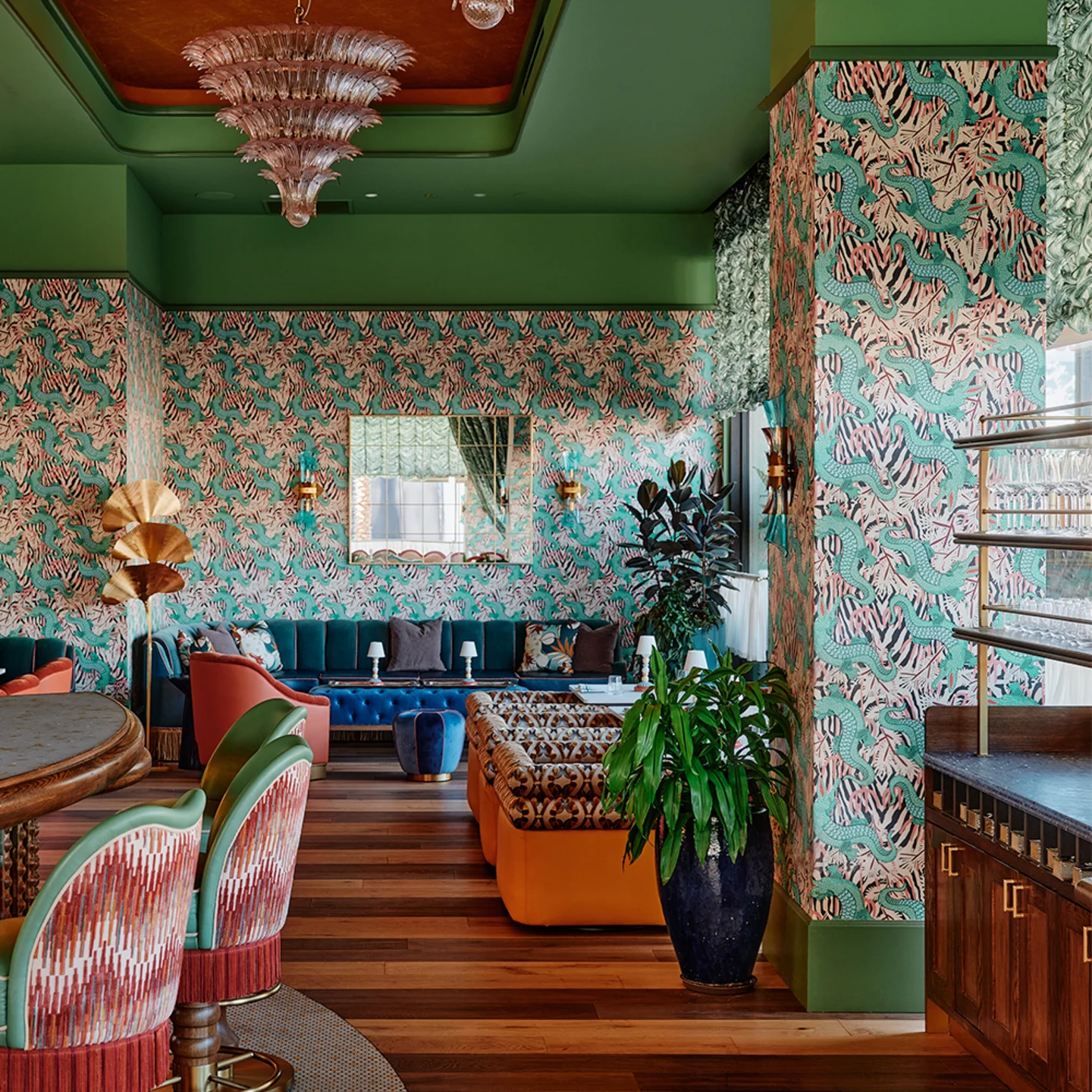 Hotel bar with gator wallpaper.