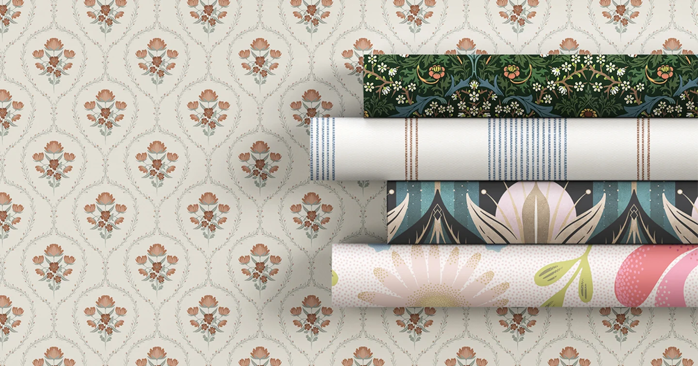 Rolls of best selling Spoonflower wallpapers.