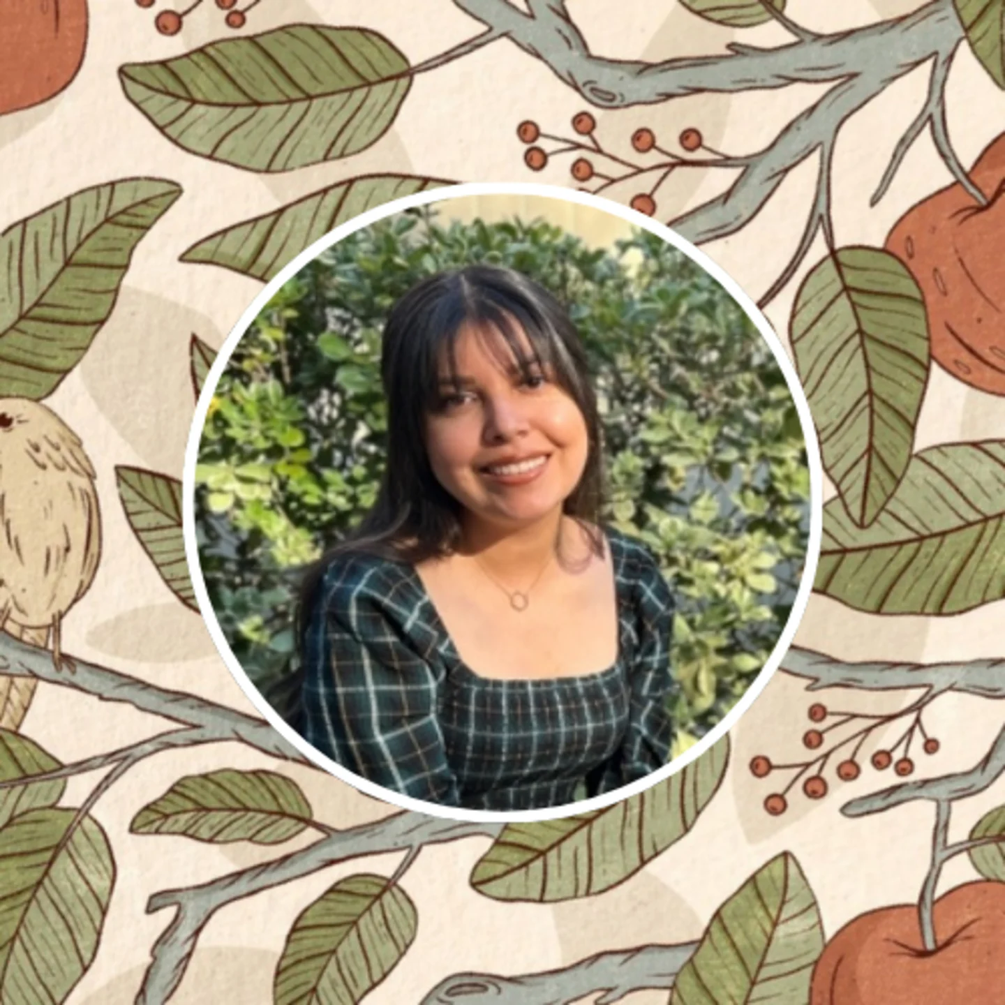 Botanical apple design with headshot of Spoonflower artist ammiecreative in front of it.