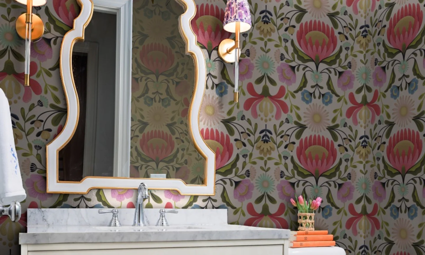 Powder room with silver floral wallpaper