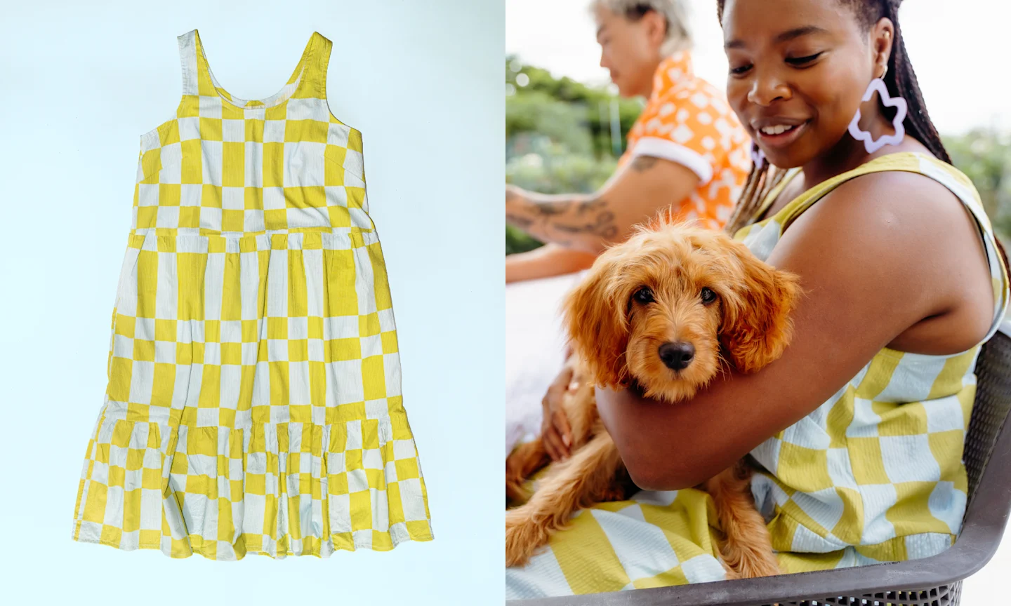 Woman wearing blue and green check seersucker dress