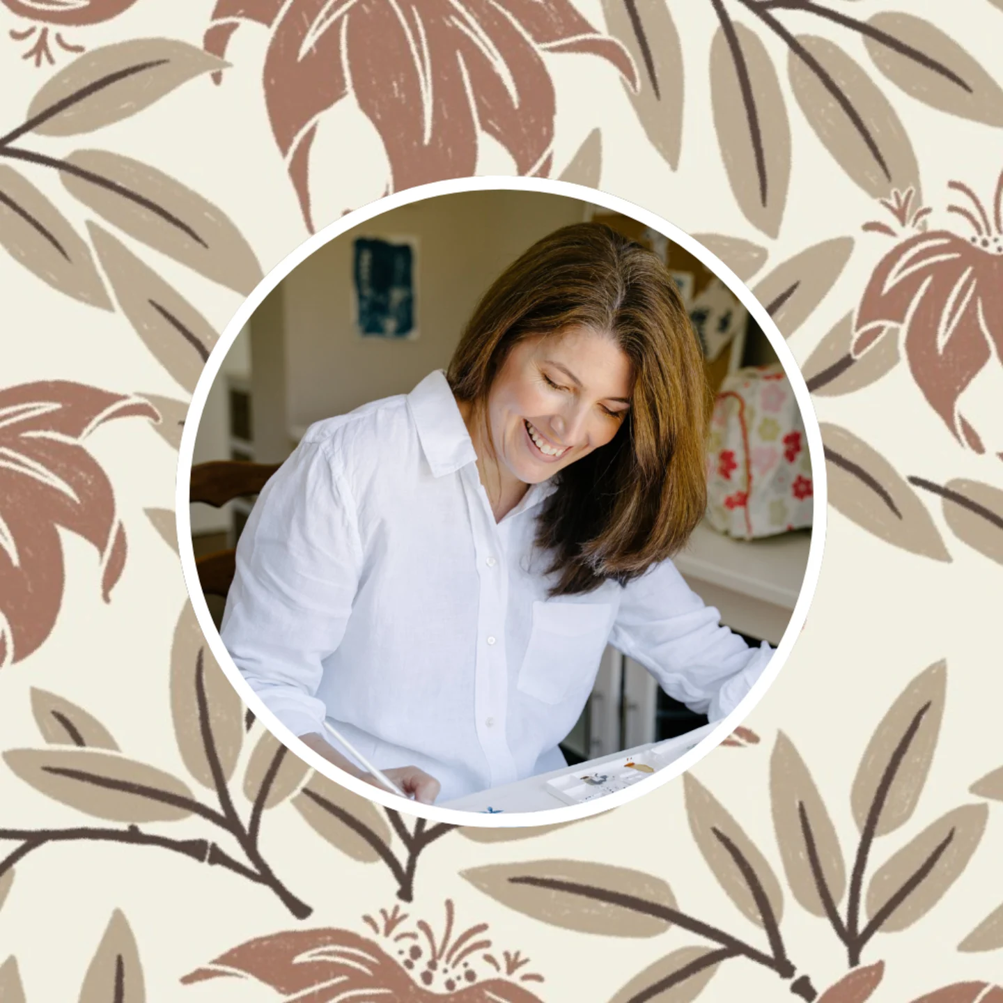 Headshot of Melly Willams with one of her designs in the background.