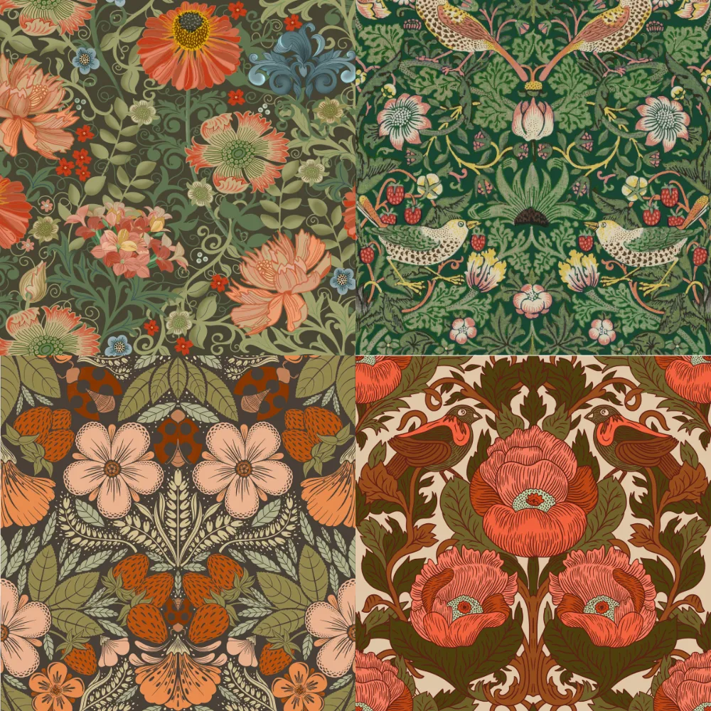 A grid of 4 nouveau nature designs from Spoonflower deisgners