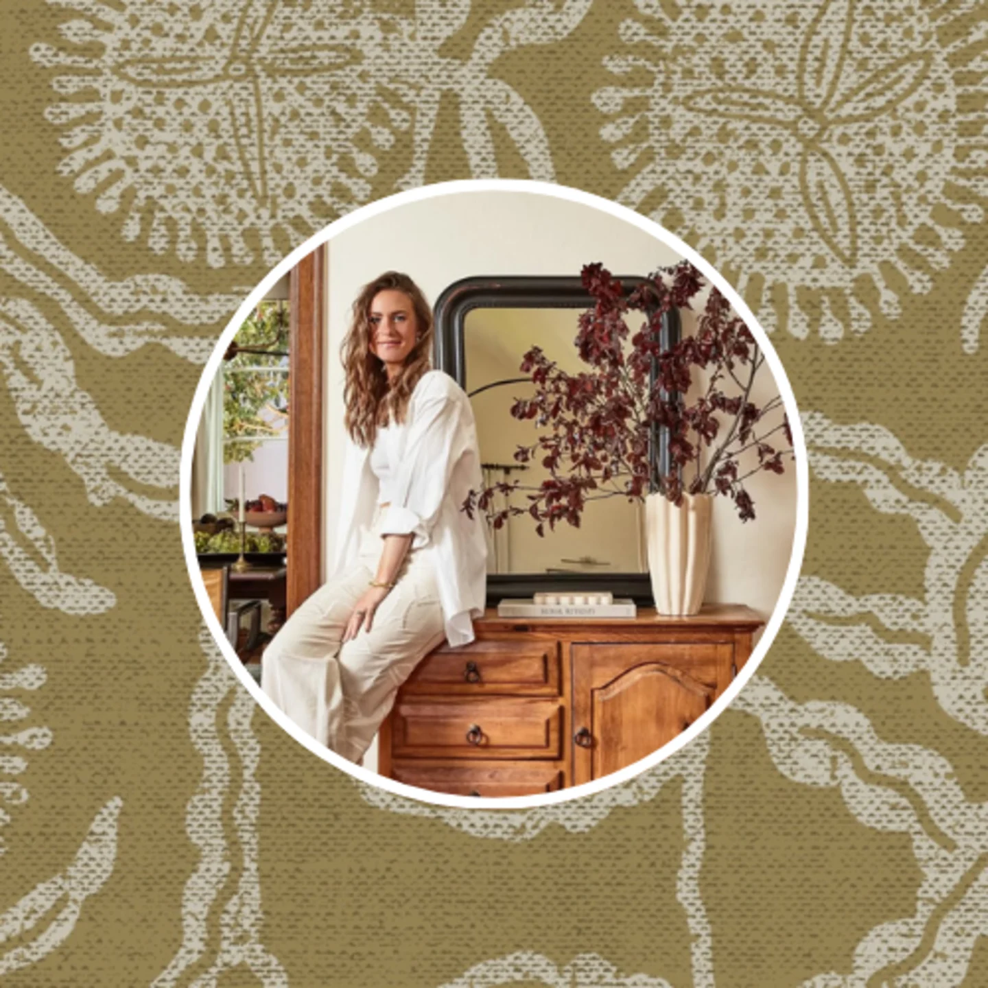 Headshot of Rachel Forslund with a tan floral design.