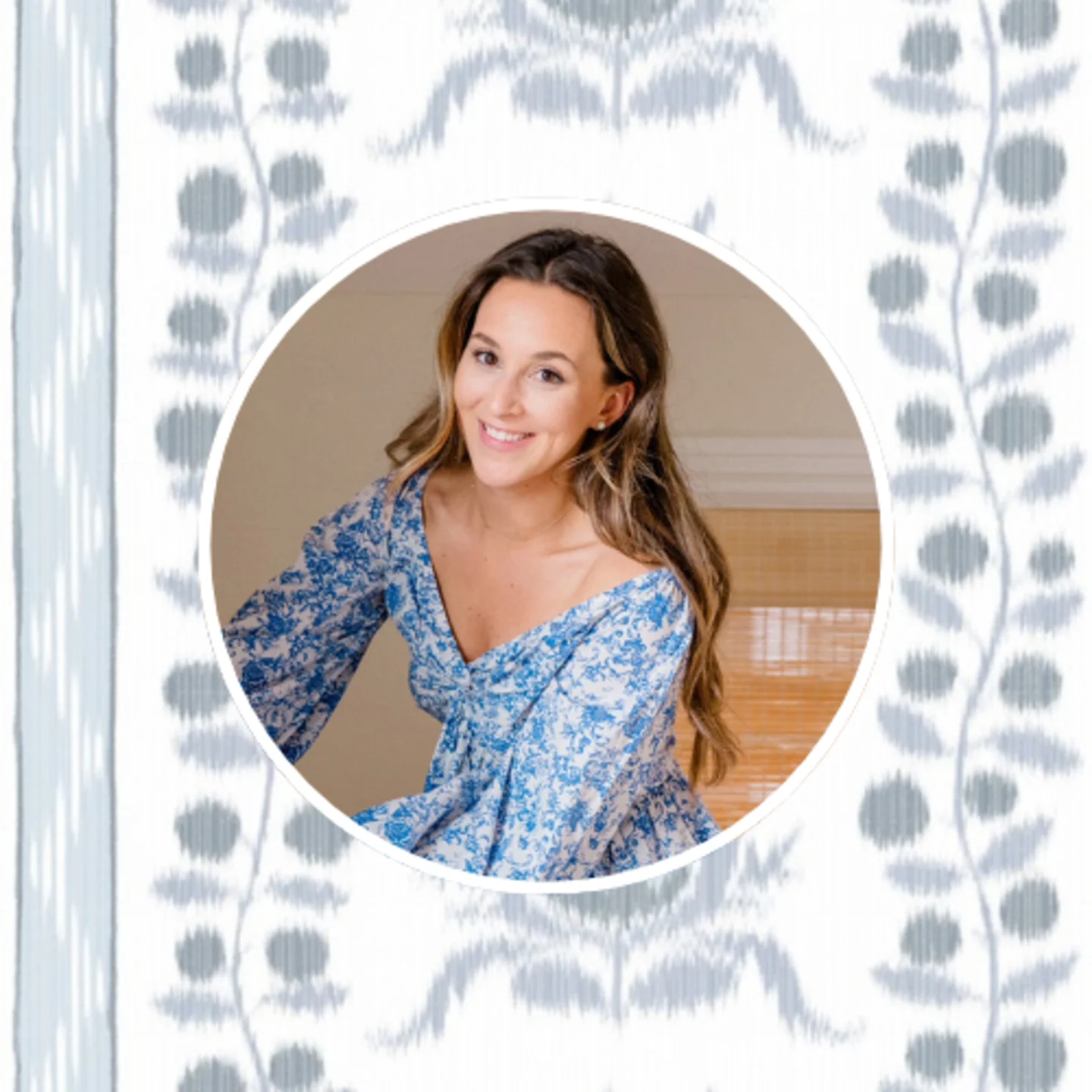 Headshot of Greer Gagnier of Home on Broad with an ikat floral stripe design.