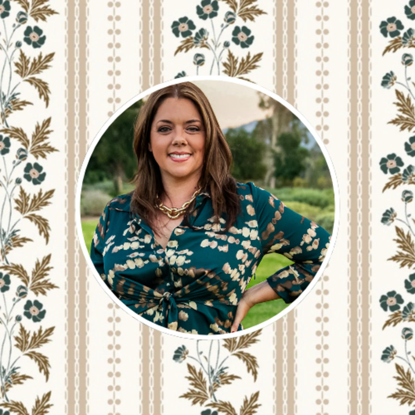 Headshot of Marynn Udvarhelyi of Wildflower Home Interiors with a tan floral stripe design.