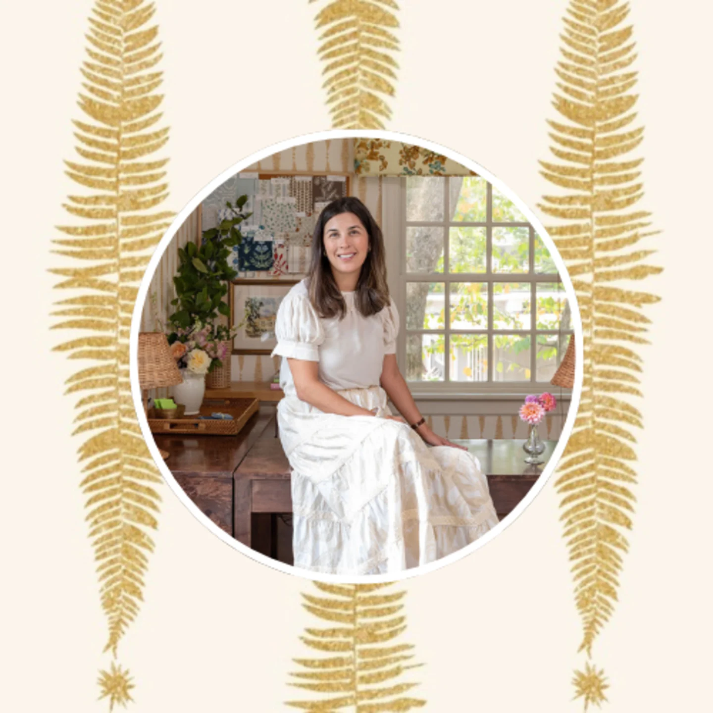 Cream and tan stripe design with a headshot of Caroline Walker.