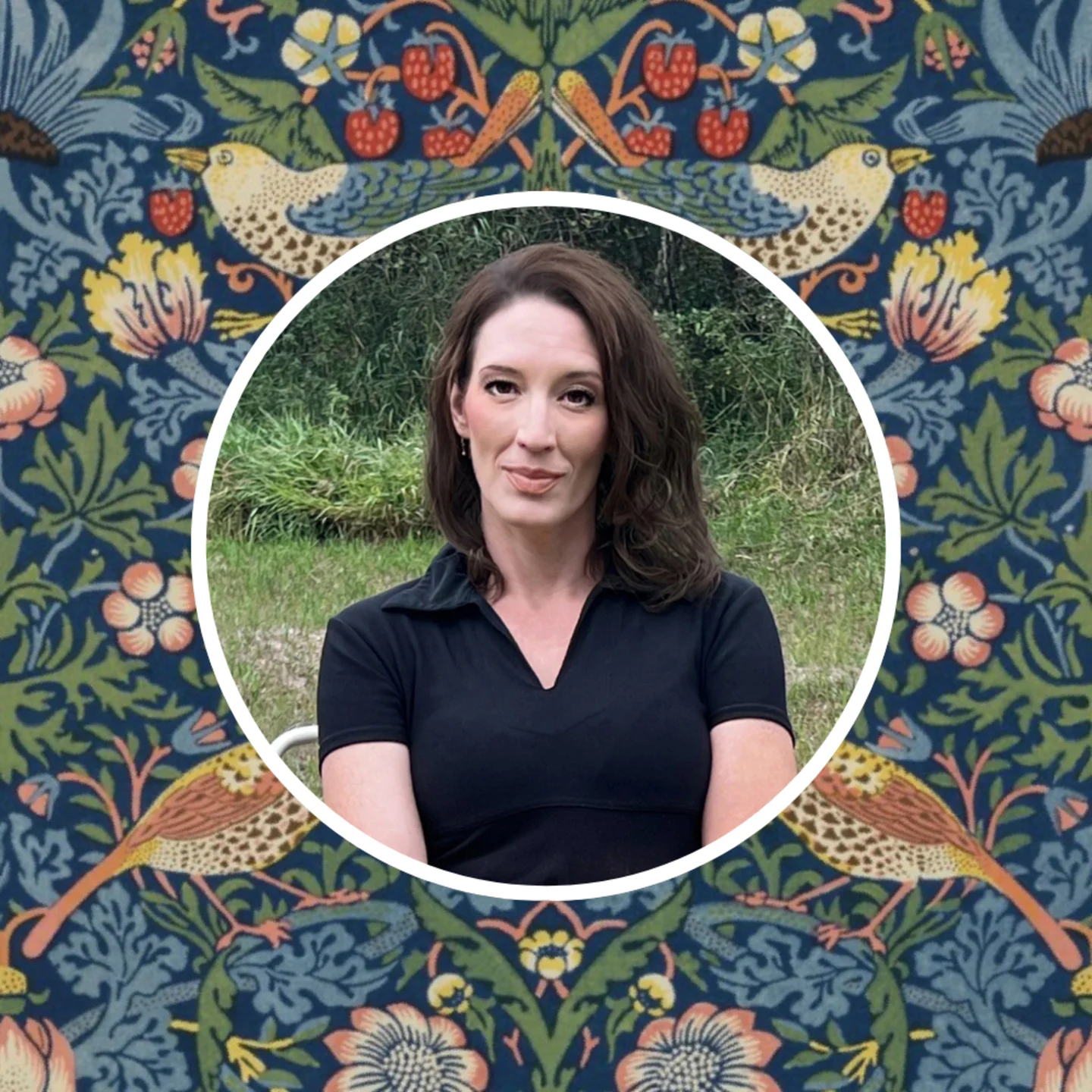 Headshot of salvagescapes in front of one of her morris inspired prints.